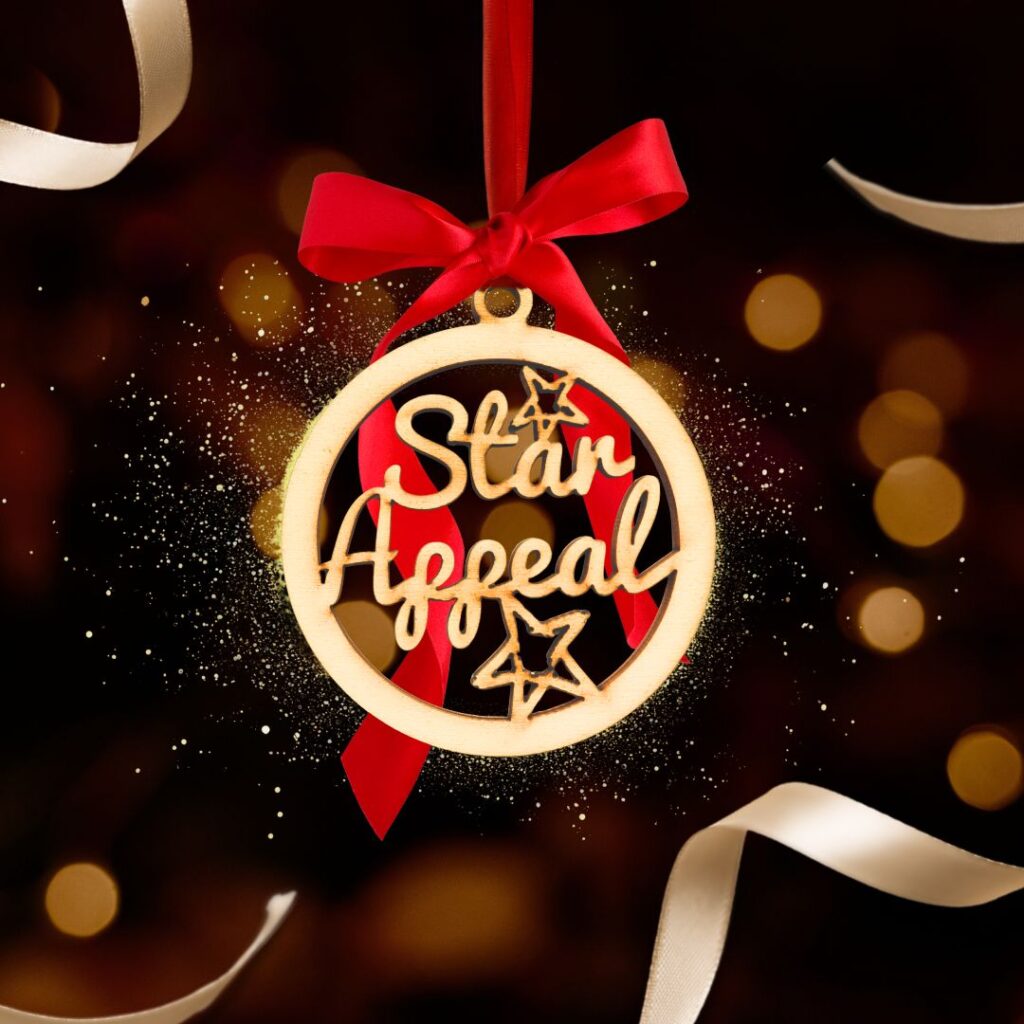 2wish star appeal ornament with a red ribbon