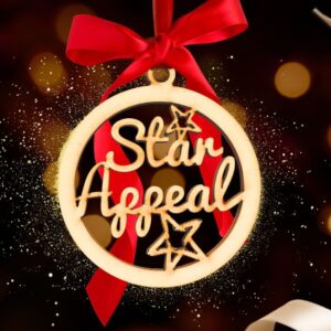 2wish star appeal ornament with a red ribbon
