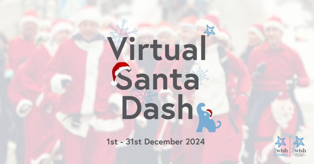 Virtual Santa Dash banner graphic with runners dressed as santa in background.